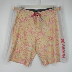 Hurley Mens Size 38 Swim Trunks Hybrid Shorts Yellow Pink Tropical Leaf Print 9"